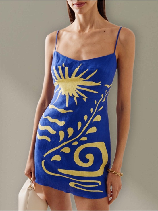 Cala De La Cruz Dresses & Skirts - CALA DE LA CRUZ Lucca Linen Blue & Yellow Tropical Print Mini Dress Size Small